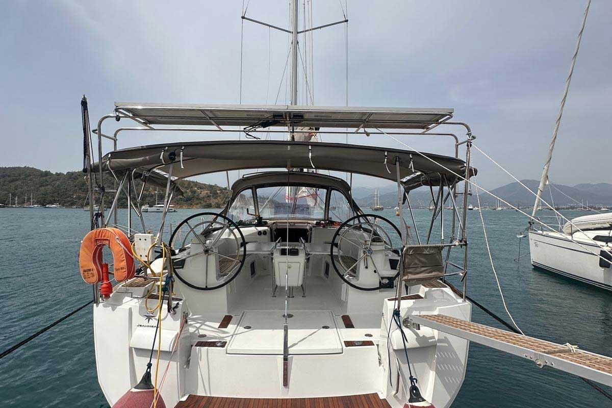 Exterior view of Lucky Rain, a Jeanneau Sun Odyssey 479 sailboat at Fethiye, Turkey
