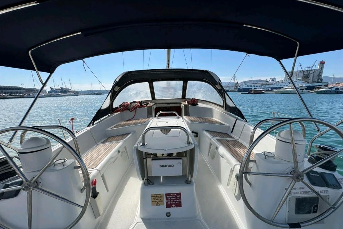 Cockpit of FREYA, a Jeanneau Sun Odyssey 42DS sailboat at Volos Municipality, Greece