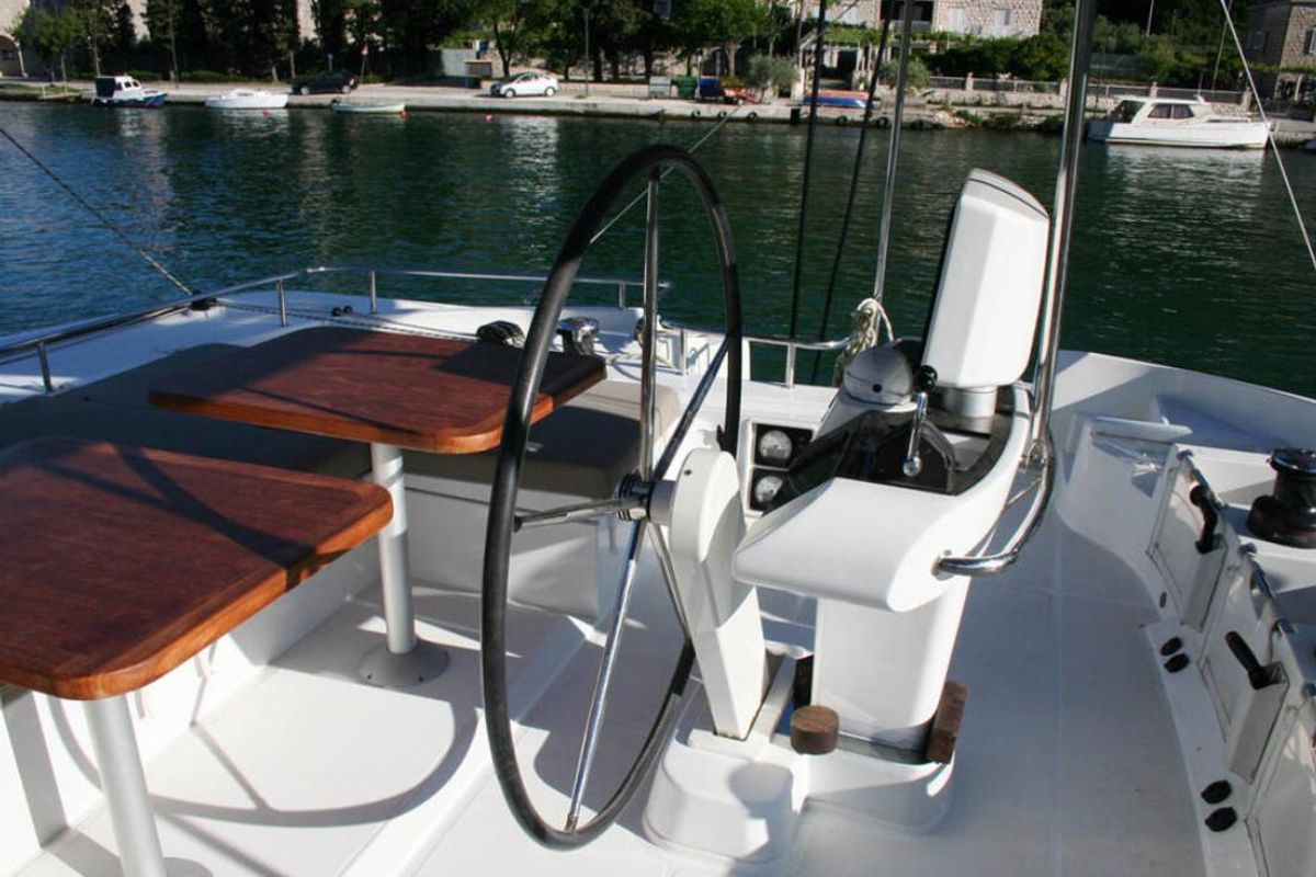 Cockpit of Matarma, a Lagoon 52F catamaran at Lavreotiki Municipal Unit, Greece