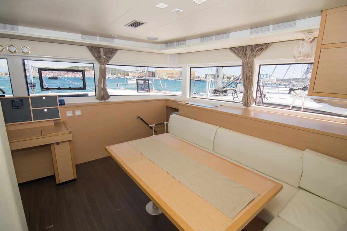 Salon of Matarma, a Lagoon 52F catamaran at Lavreotiki Municipal Unit, Greece