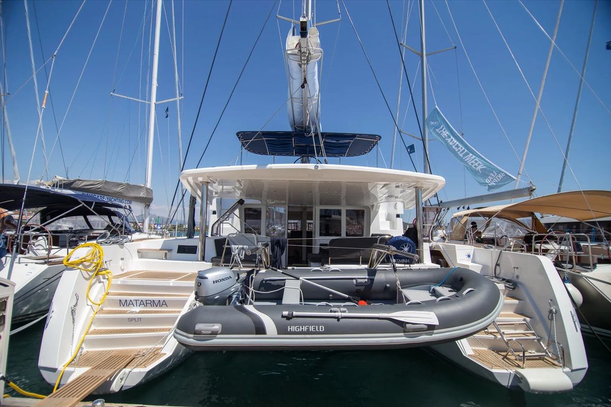 Exterior view of Matarma, a Lagoon 52F catamaran at Lavreotiki Municipal Unit, Greece