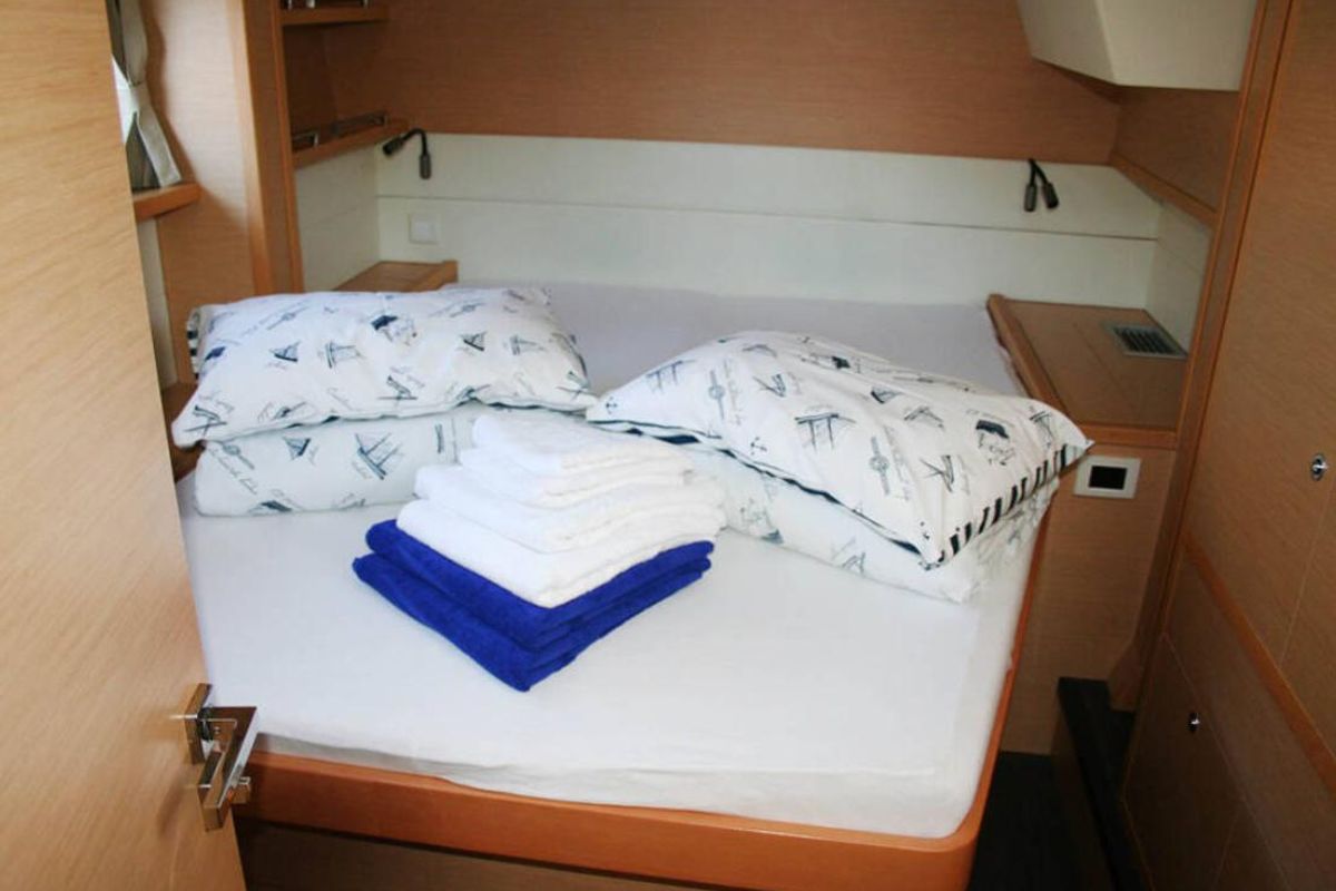 Cabin on Matarma, a Lagoon 52F catamaran at Lavreotiki Municipal Unit, Greece