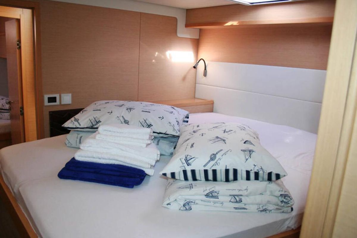 Cabin on Matarma, a Lagoon 52F catamaran at Lavreotiki Municipal Unit, Greece