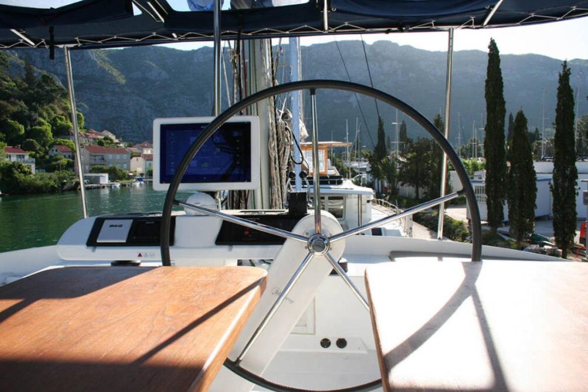 Cockpit of Matarma, a Lagoon 52F catamaran at Lavreotiki Municipal Unit, Greece