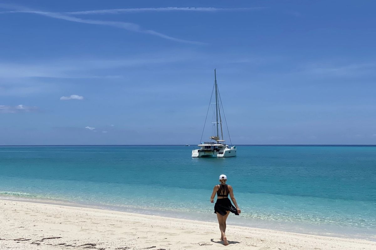 Exterior view of Purpose, a Fountaine Pajot Saba 50 catamaran at Grand Anse, Grenada