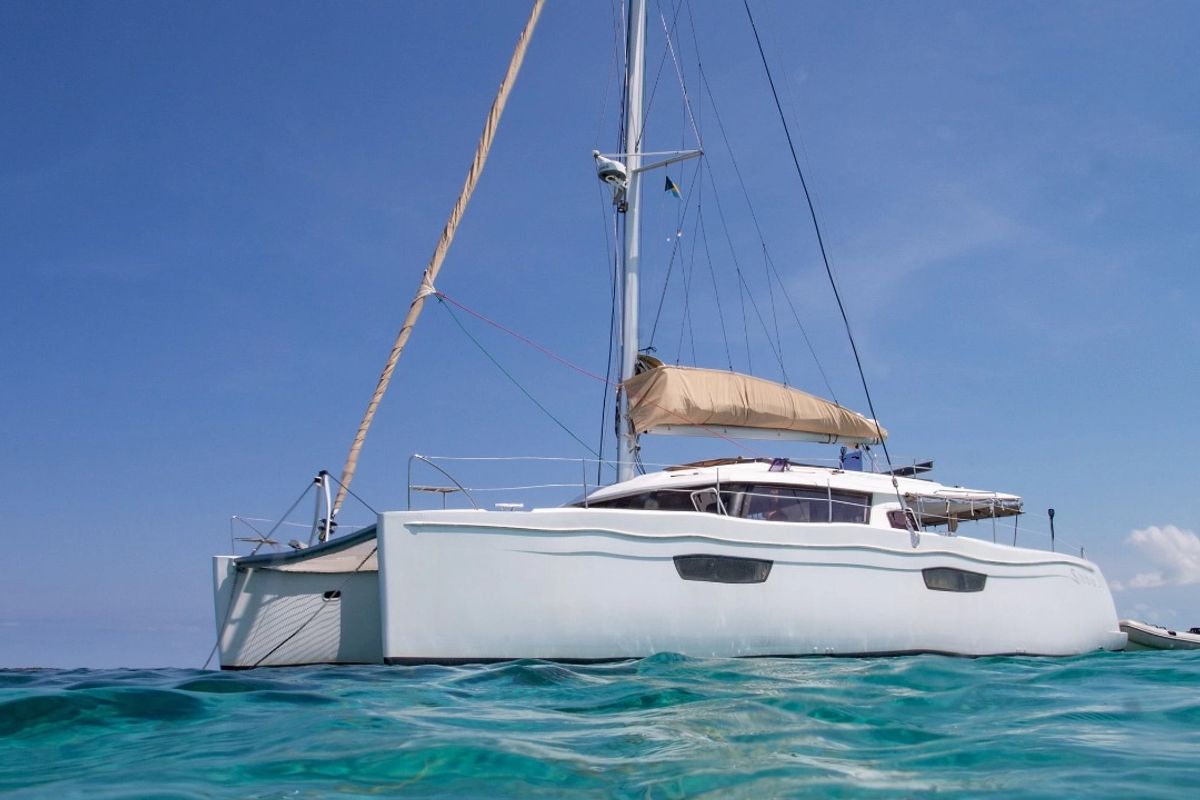 Exterior view of Purpose, a Fountaine Pajot Saba 50 catamaran at Grand Anse, Grenada