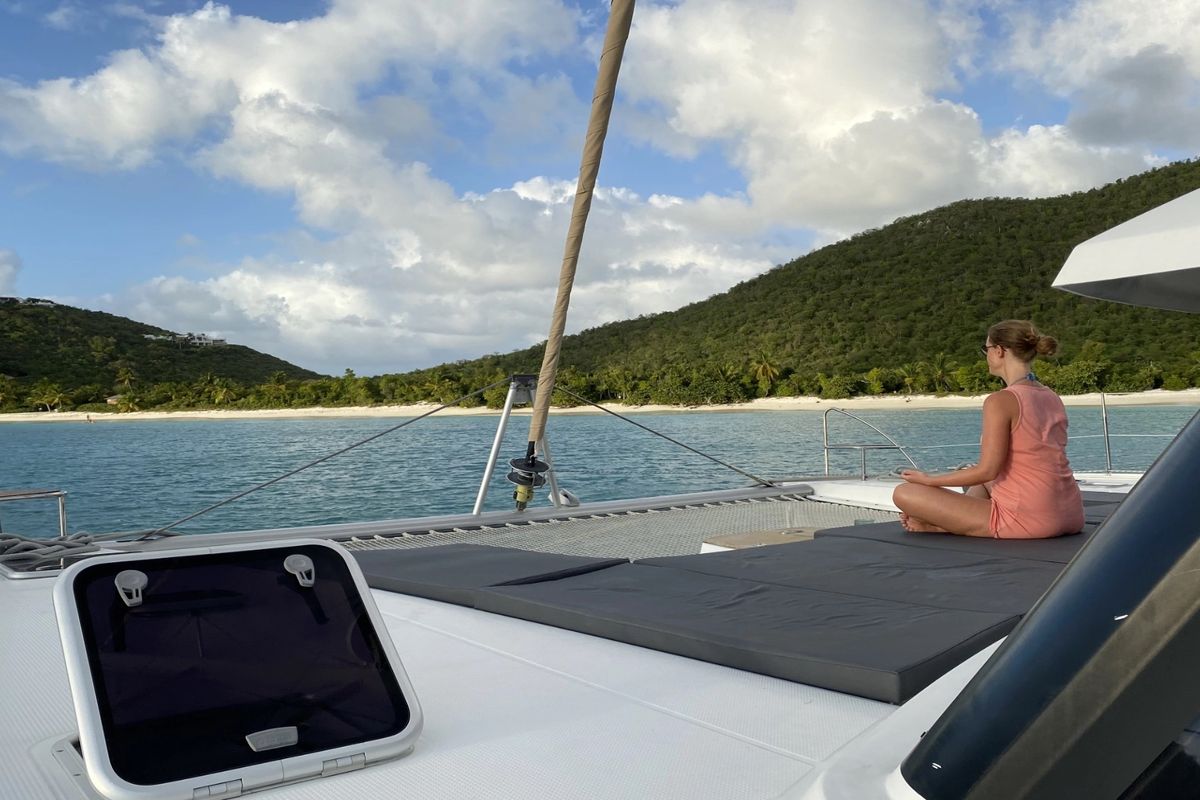 Deck of Purpose, a Fountaine Pajot Saba 50 catamaran at Grand Anse, Grenada