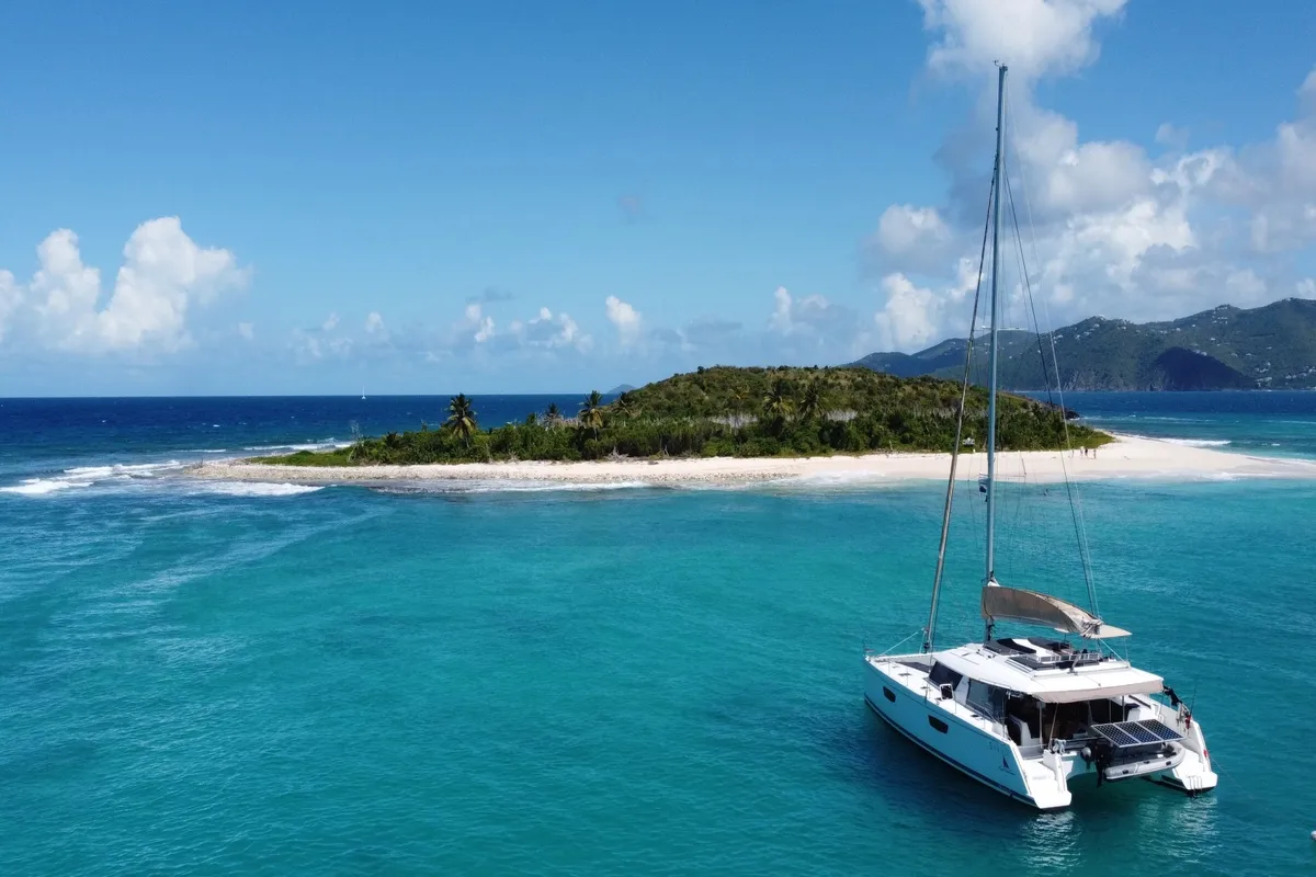 Exterior view of Purpose, a Fountaine Pajot Saba 50 catamaran at Grand Anse, Grenada