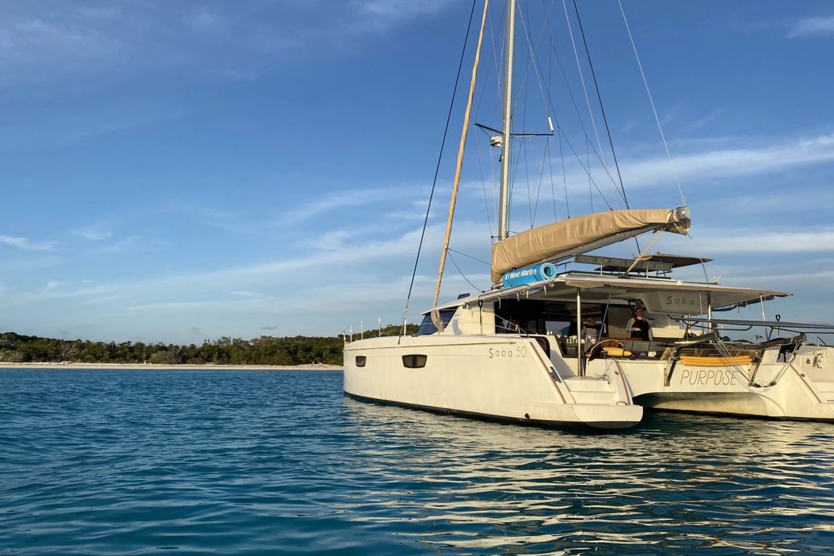Exterior view of Purpose, a Fountaine Pajot Saba 50 catamaran at Grand Anse, Grenada