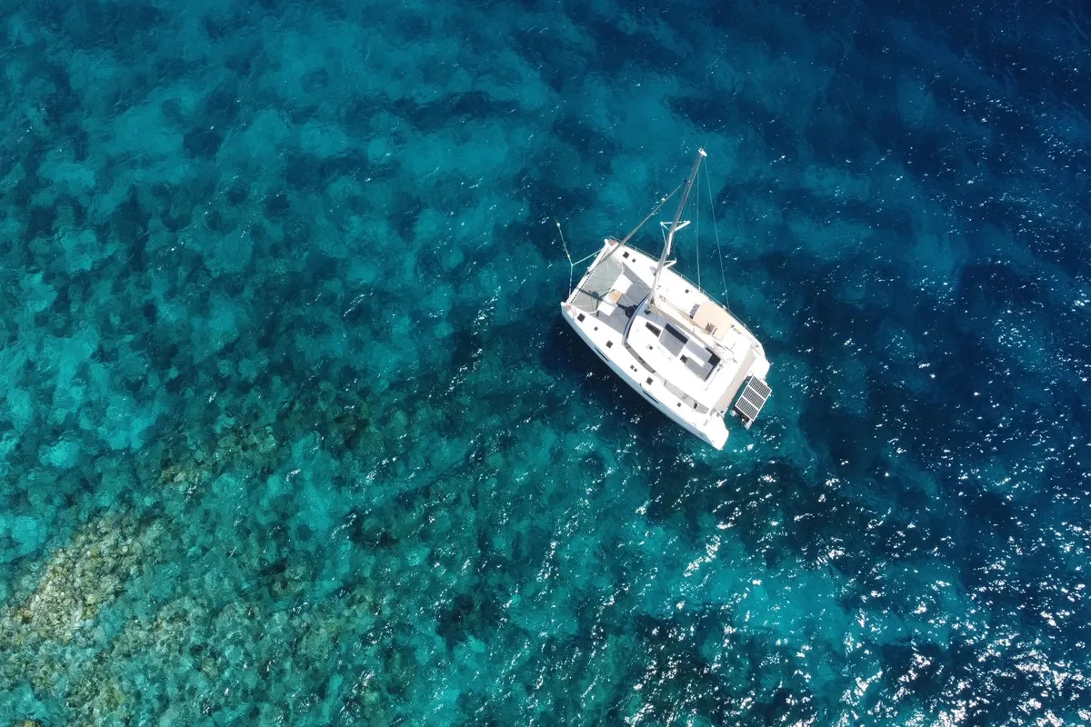 Exterior view of Purpose, a Fountaine Pajot Saba 50 catamaran at Grand Anse, Grenada