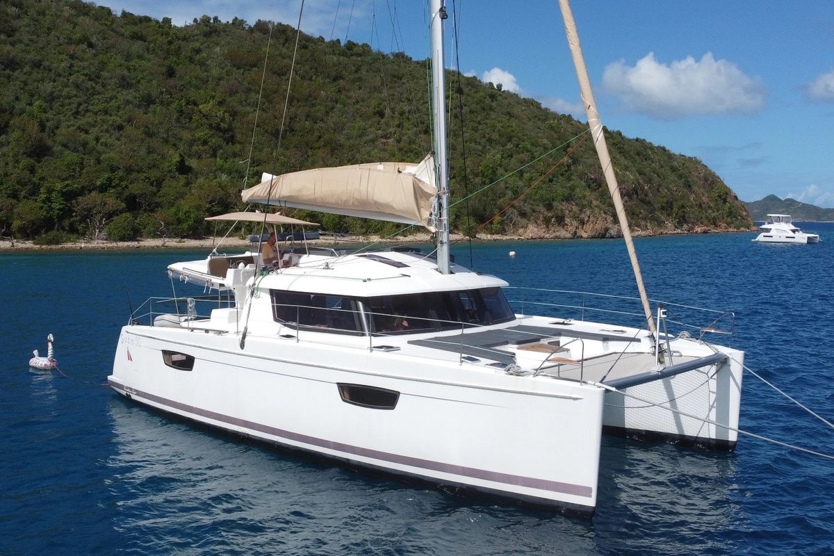 Exterior view of Purpose, a Fountaine Pajot Saba 50 catamaran at Grand Anse, Grenada
