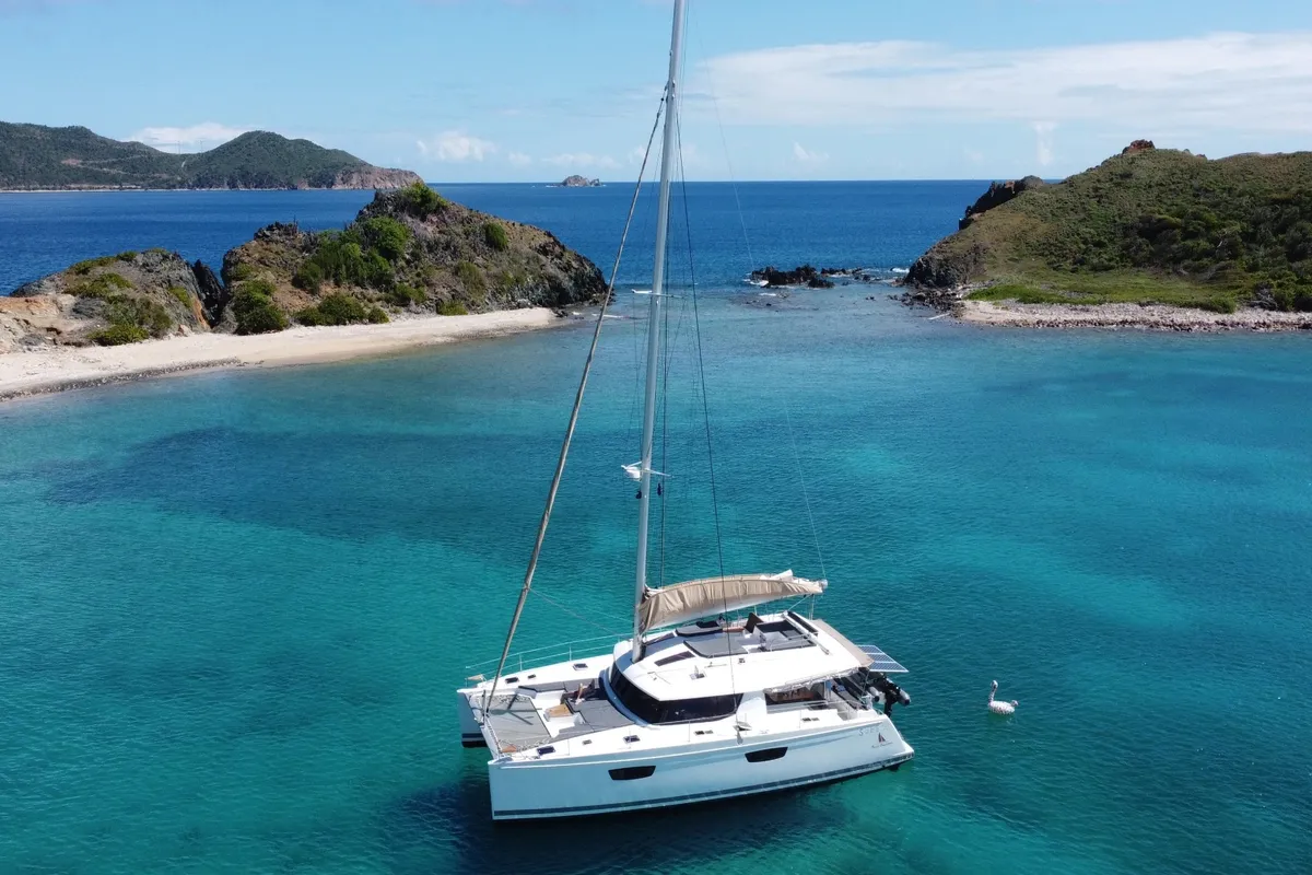 Exterior view of Purpose, a Fountaine Pajot Saba 50 catamaran at Grand Anse, Grenada