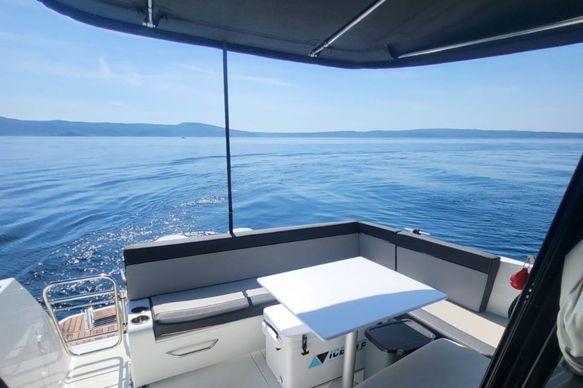 Deck of Whiskey, a Jeanneau Merry Fisher 895 motorboat at Novi Vinodolski, Croatia