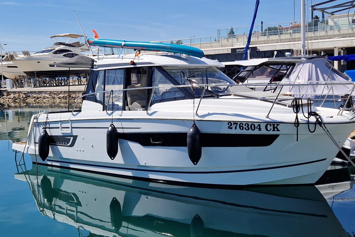 Exterior view of Whiskey, a Jeanneau Merry Fisher 895 motorboat at Novi Vinodolski, Croatia