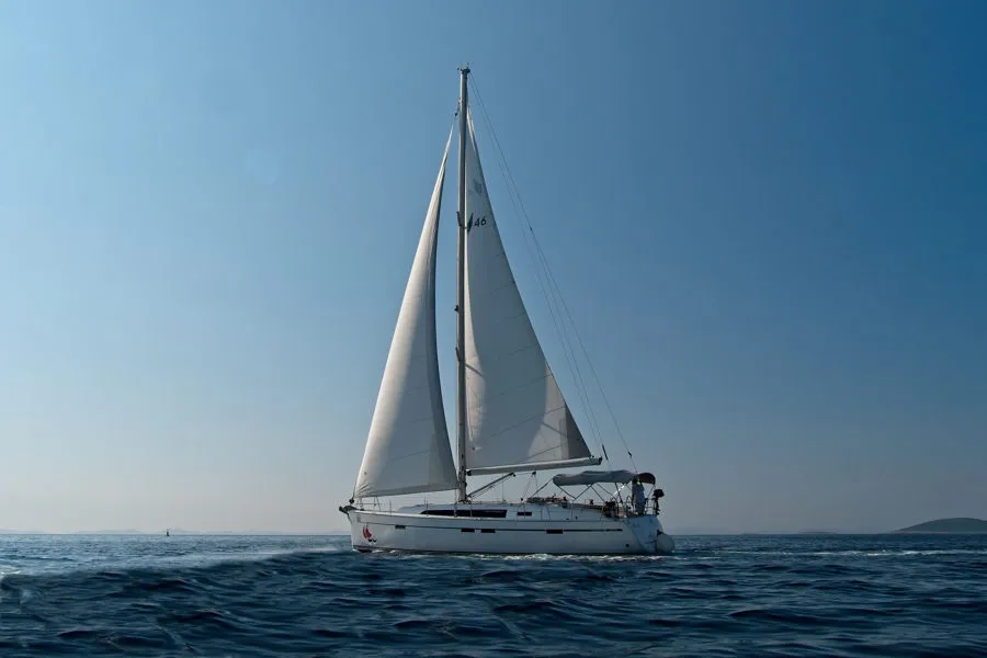 Exterior view of MH 51, a Bavaria Cruiser 46 sailboat at Murter, Croatia