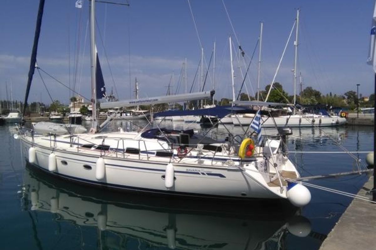 Exterior view of Sissi, a Bavaria 51 Cruiser sailboat at Gouvia, Greece
