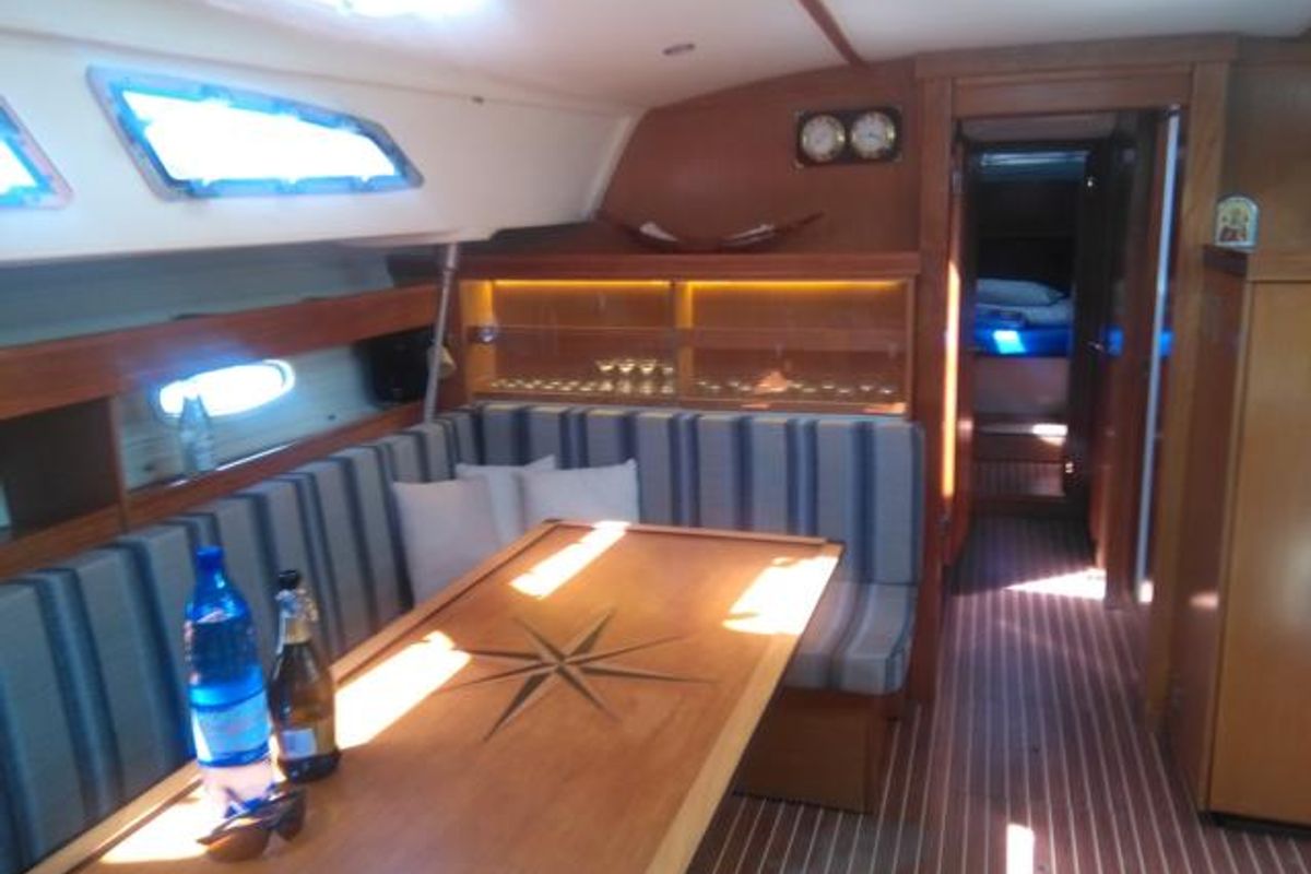 Salon of Sissi, a Bavaria 51 Cruiser sailboat at Gouvia, Greece