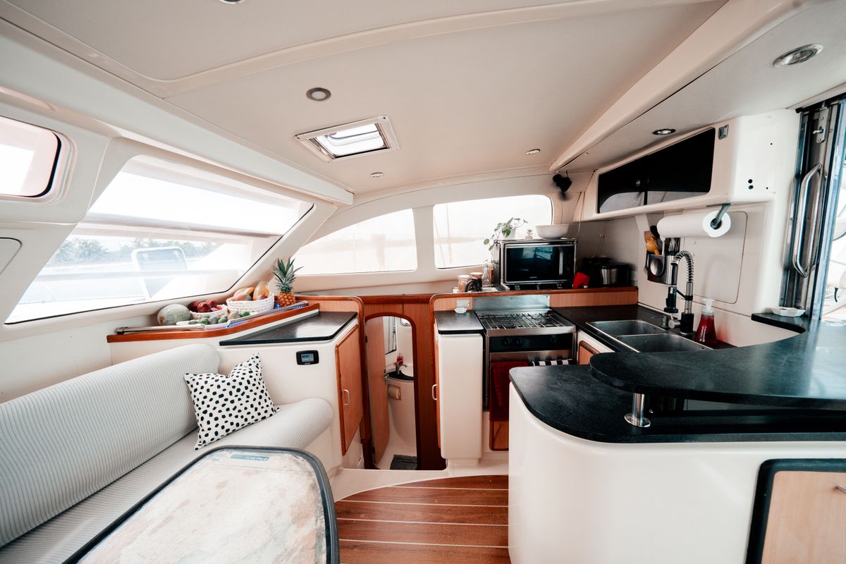 Salon of One Love, a Leopard 40 catamaran at San Blas, Panama