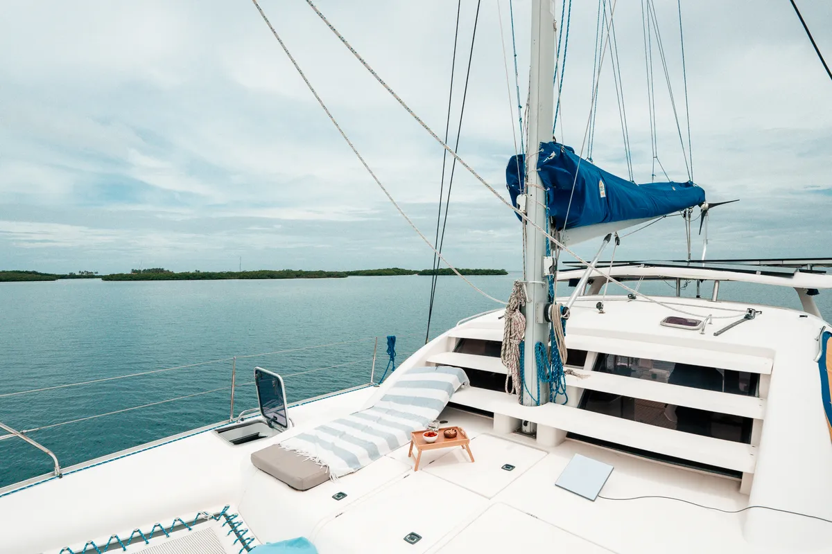 Deck of One Love, a Leopard 40 catamaran at San Blas, Panama