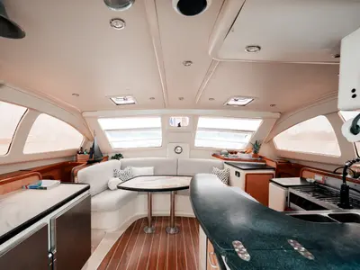 Salon of One Love, a Leopard 40 catamaran at San Blas, Panama