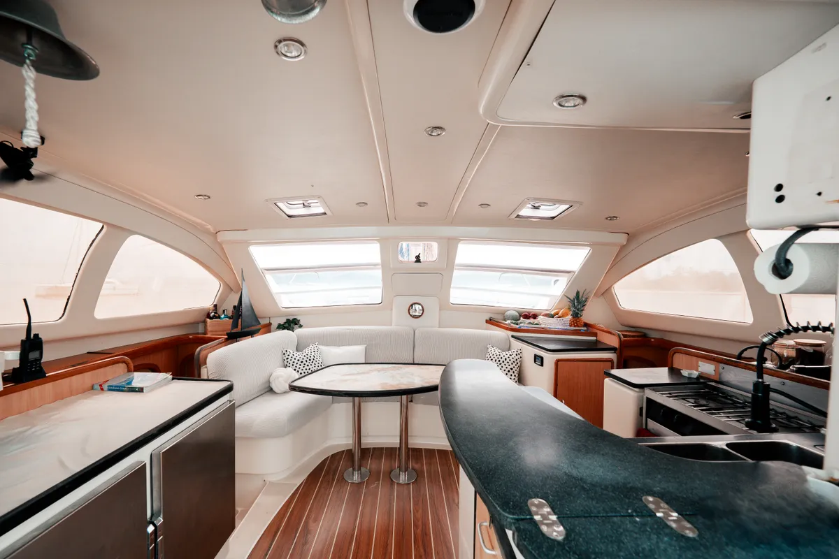 Salon of One Love, a Leopard 40 catamaran at San Blas, Panama