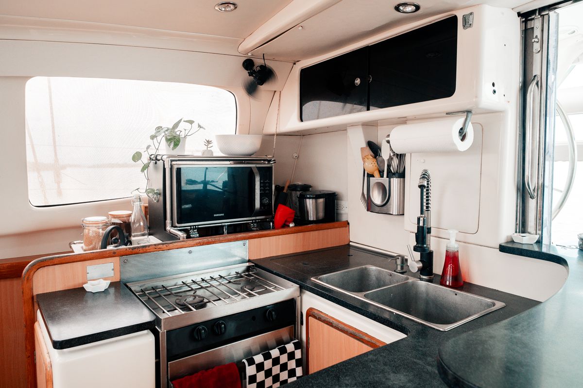Galley of One Love, a Leopard 40 catamaran at San Blas, Panama