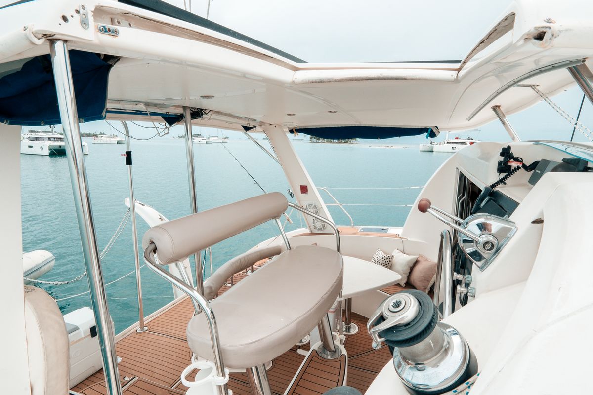 Cockpit of One Love, a Leopard 40 catamaran at San Blas, Panama