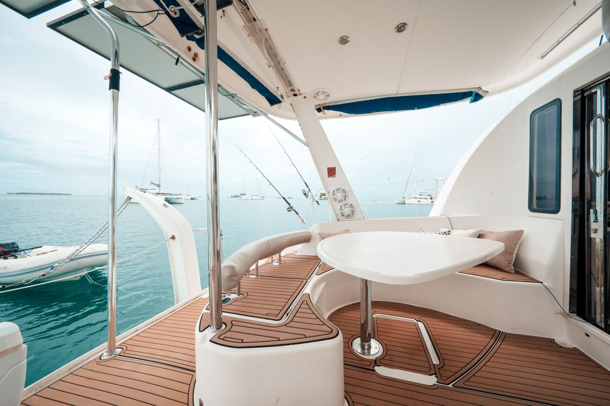 Deck of One Love, a Leopard 40 catamaran at San Blas, Panama
