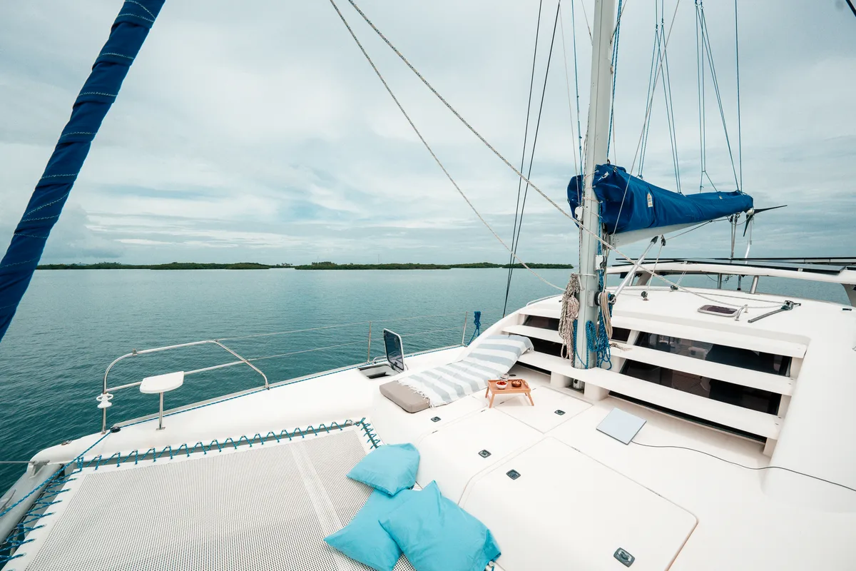 Deck of One Love, a Leopard 40 catamaran at San Blas, Panama