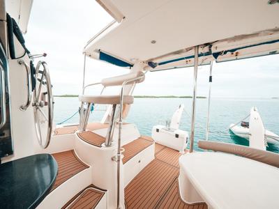 Cockpit of One Love, a Leopard 40 catamaran at San Blas, Panama