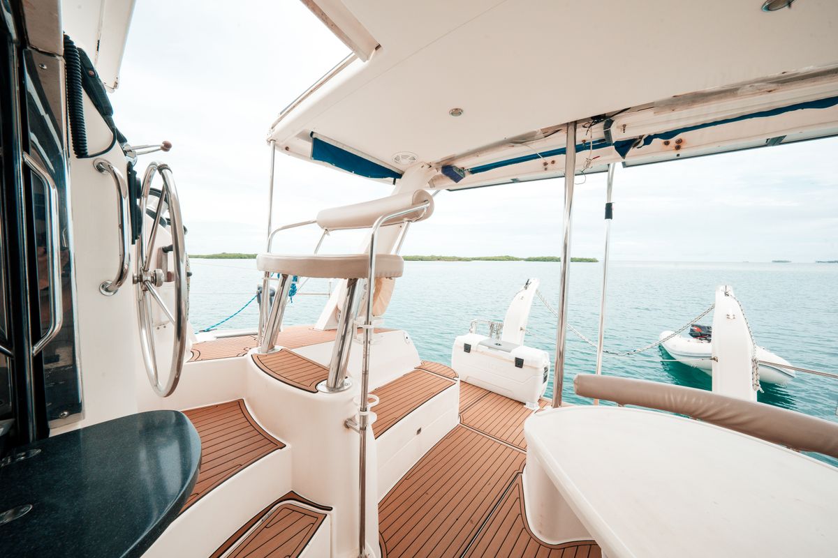 Cockpit of One Love, a Leopard 40 catamaran at San Blas, Panama