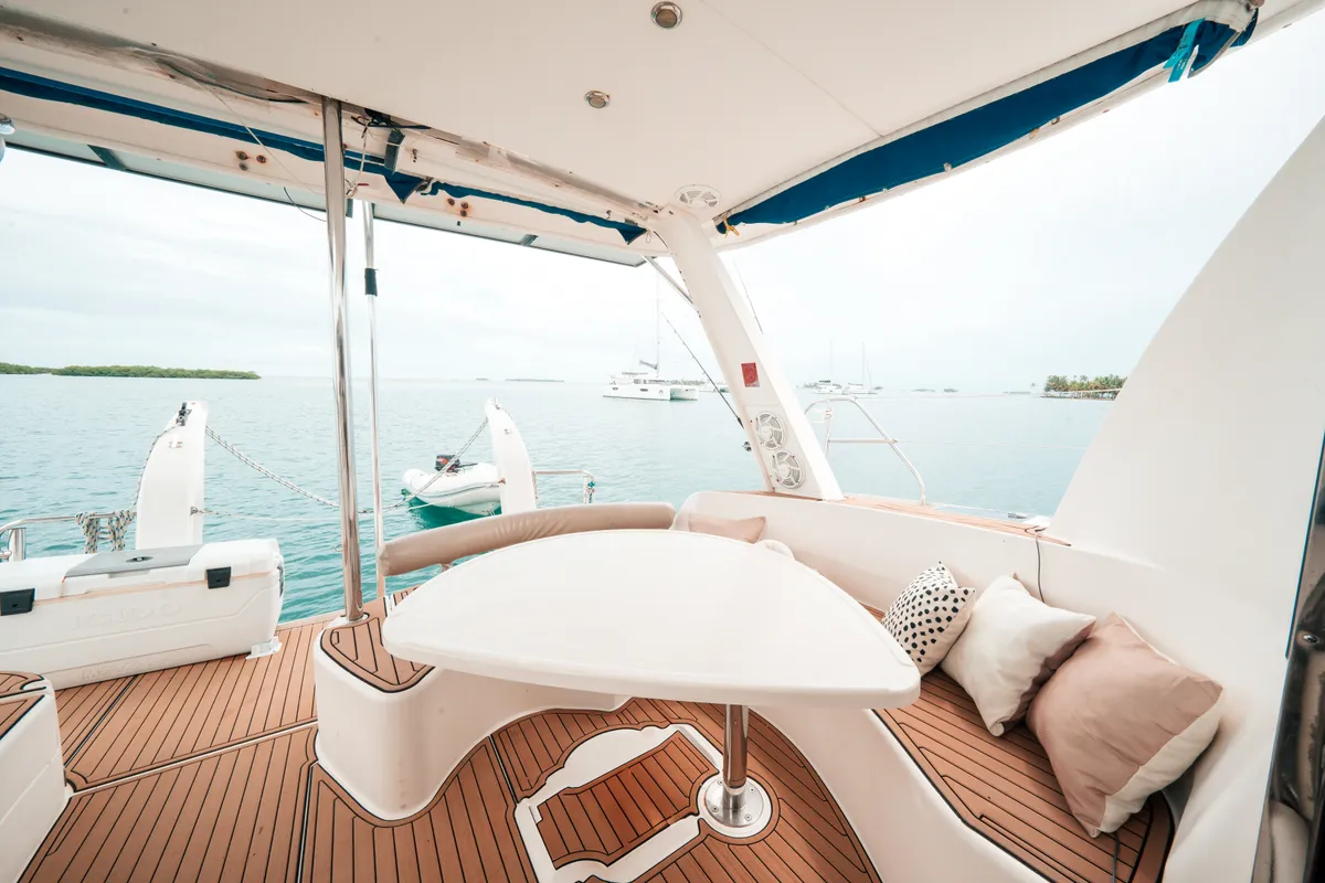 Deck of One Love, a Leopard 40 catamaran at San Blas, Panama