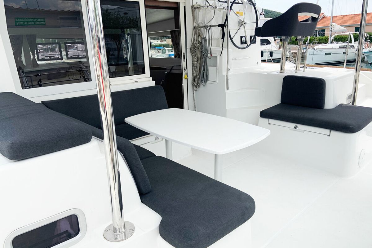 Cockpit of Candy, a Lagoon 40 catamaran at Split, Croatia