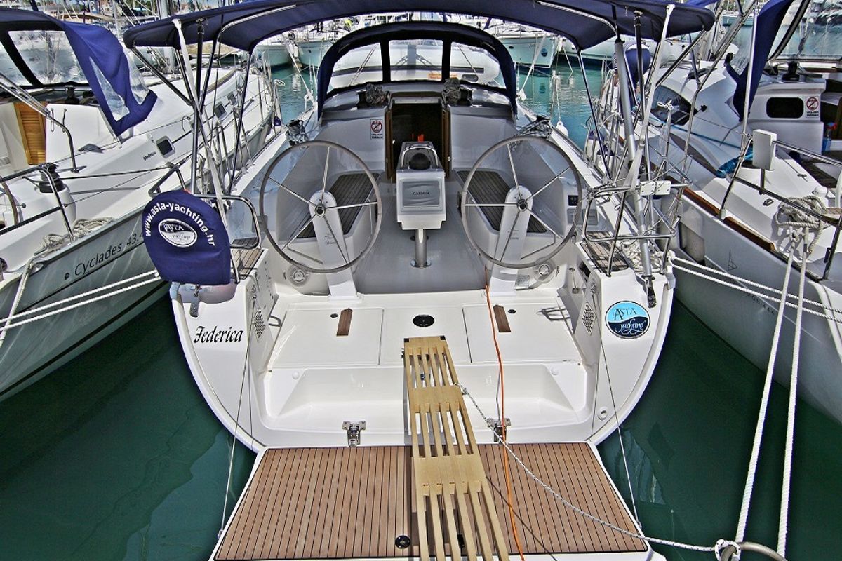 Cockpit of Federica, a Bavaria Cruiser 41 sailboat at Općina Sukošan, Croatia