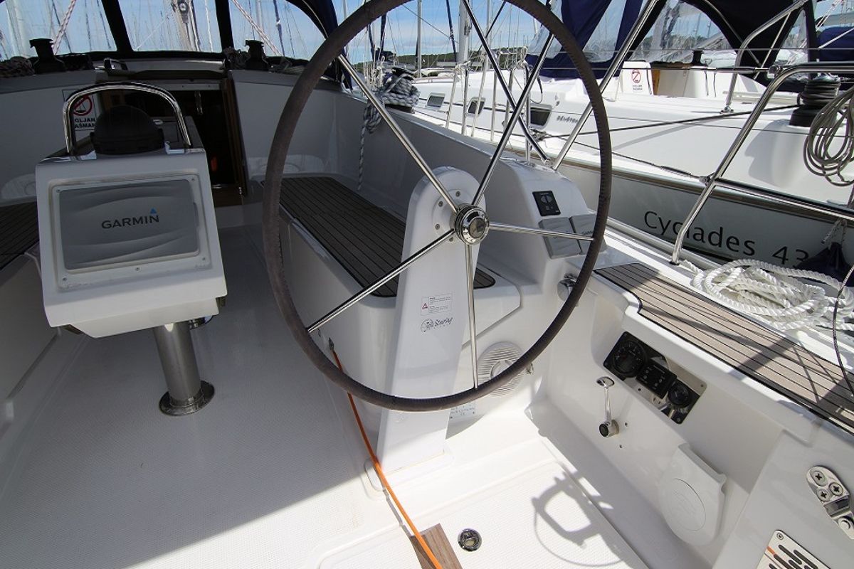 Cockpit of Federica, a Bavaria Cruiser 41 sailboat at Općina Sukošan, Croatia
