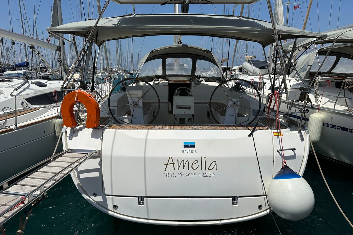Exterior view of Amelia, a Bavaria Cruiser 46 sailboat at Kos, Greece
