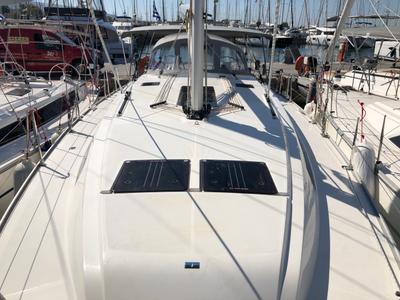 Deck of Amelia, a Bavaria Cruiser 46 sailboat at Kos, Greece