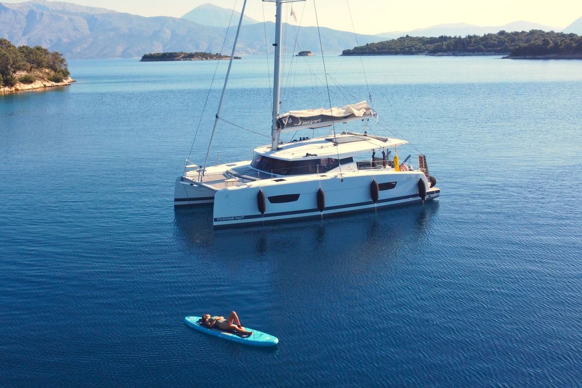 Exterior view of Prodigy, a Fountaine Pajot Isla 40 catamaran at Municipal Unit of Rhodes, Greece
