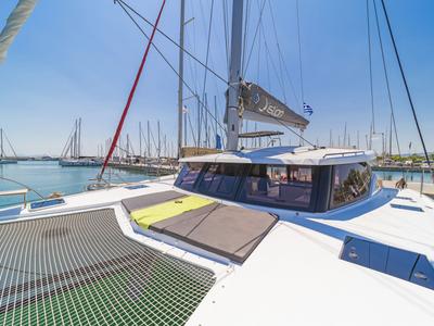 Deck of Prodigy, a Fountaine Pajot Isla 40 catamaran at Municipal Unit of Rhodes, Greece
