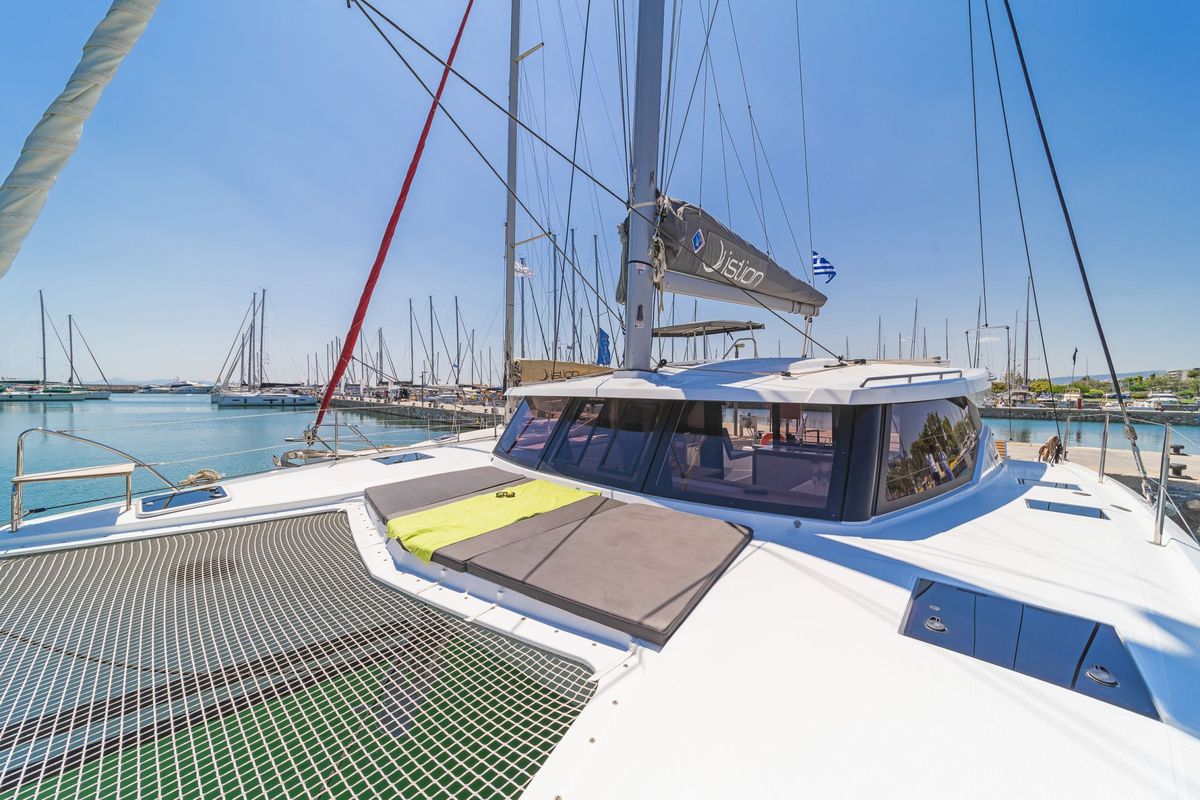 Deck of Prodigy, a Fountaine Pajot Isla 40 catamaran at Municipal Unit of Rhodes, Greece