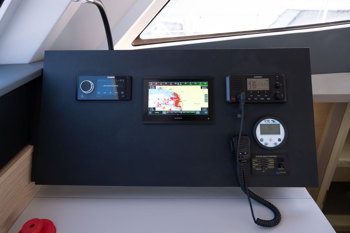 Cockpit of Aura, a Aventura Catamarans Aventura 45 catamaran at Fethiye, Turkey