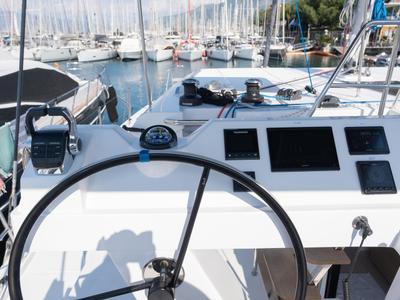 Cockpit of Aura, a Aventura Catamarans Aventura 45 catamaran at Fethiye, Turkey