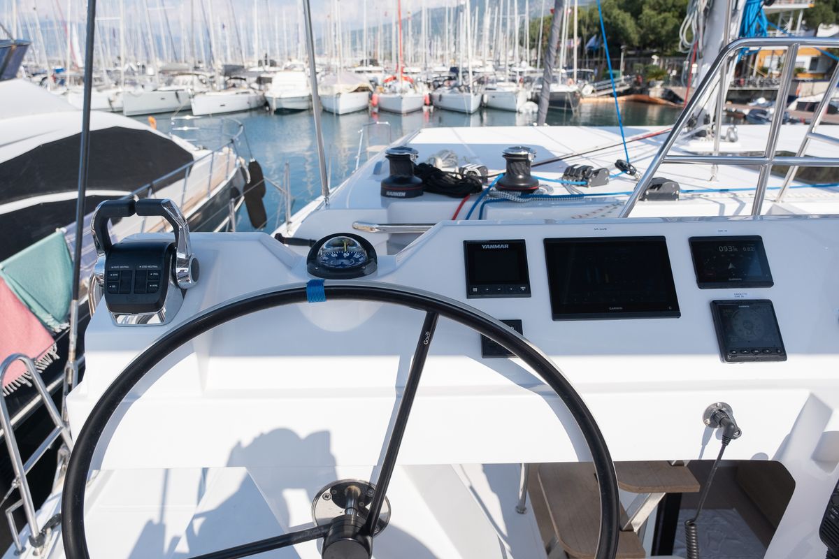 Cockpit of Aura, a Aventura Catamarans Aventura 45 catamaran at Fethiye, Turkey