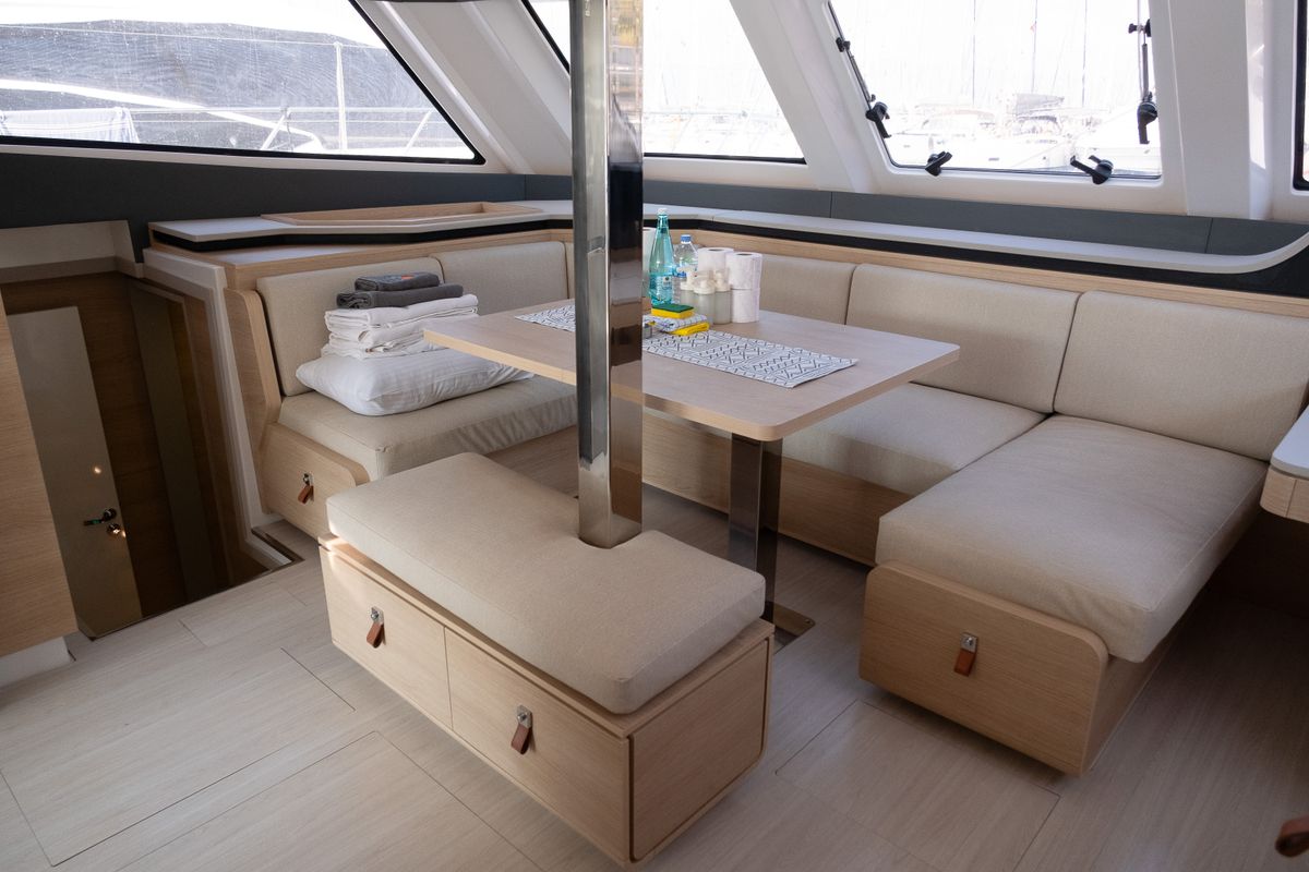 Salon of Aura, a Aventura Catamarans Aventura 45 catamaran at Fethiye, Turkey