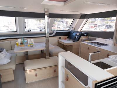 Salon of Aura, a Aventura Catamarans Aventura 45 catamaran at Fethiye, Turkey