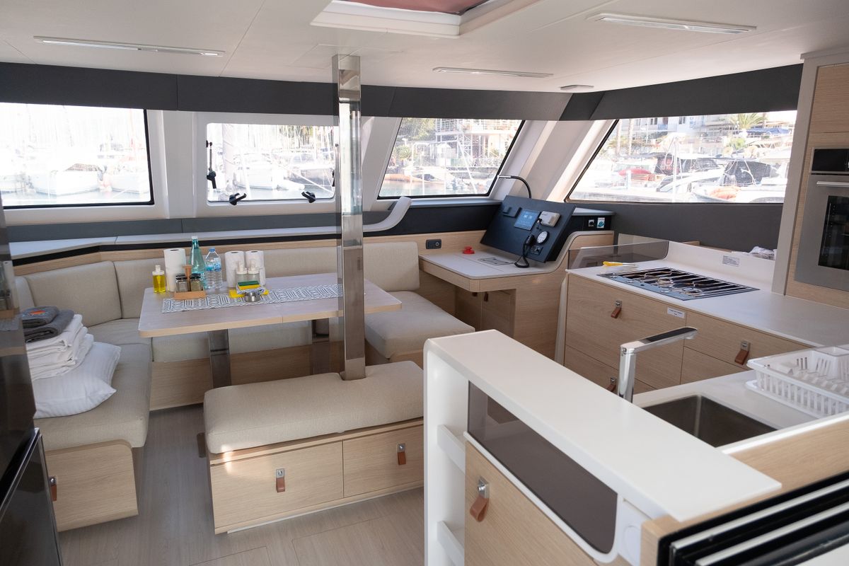 Salon of Aura, a Aventura Catamarans Aventura 45 catamaran at Fethiye, Turkey