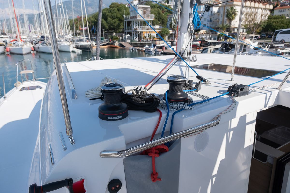 Deck of Aura, a Aventura Catamarans Aventura 45 catamaran at Fethiye, Turkey