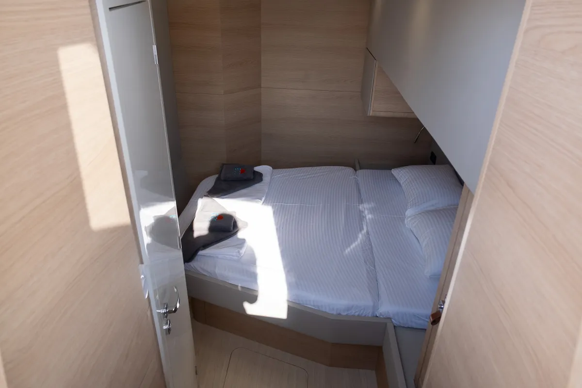 Cabin on Aura, a Aventura Catamarans Aventura 45 catamaran at Fethiye, Turkey