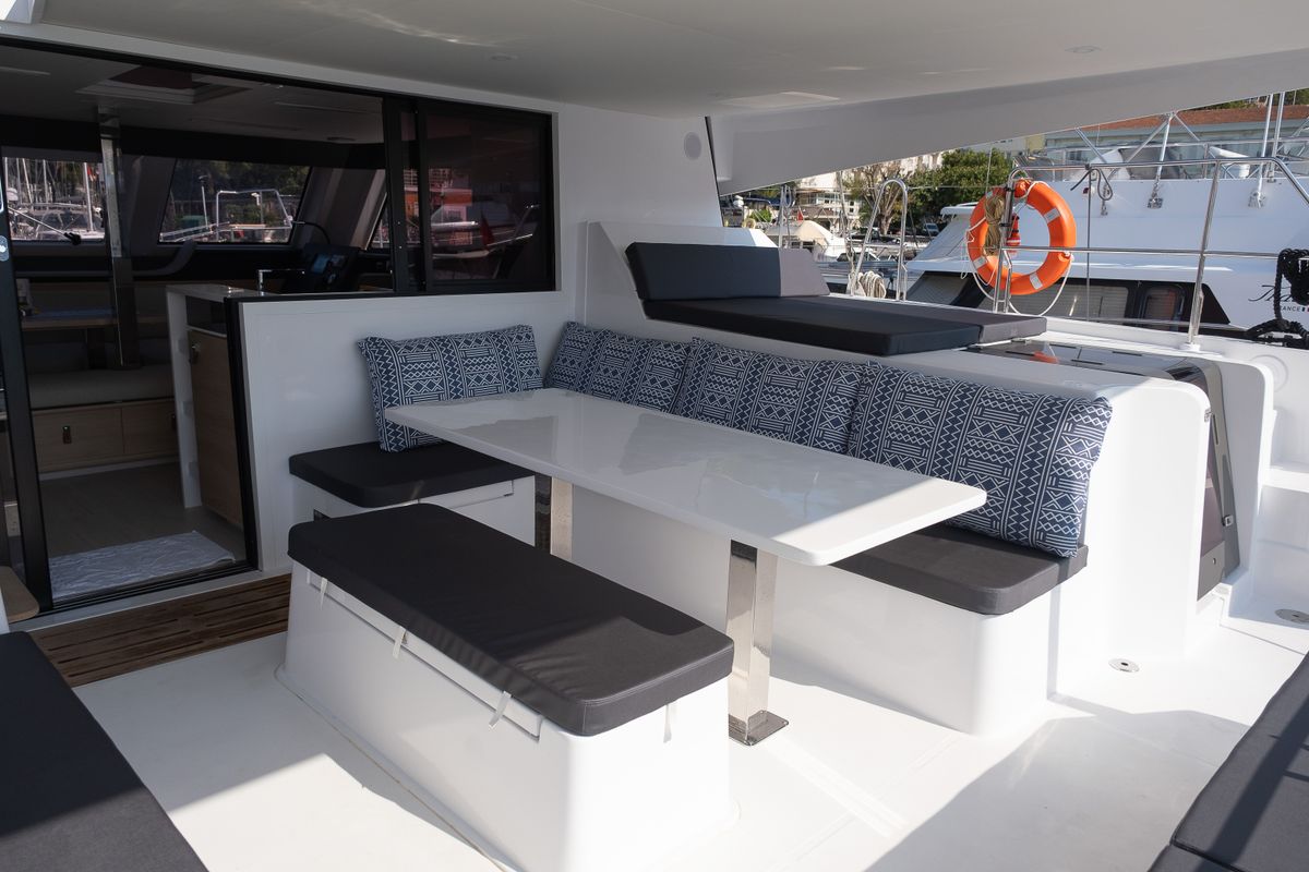 Deck of Aura, a Aventura Catamarans Aventura 45 catamaran at Fethiye, Turkey