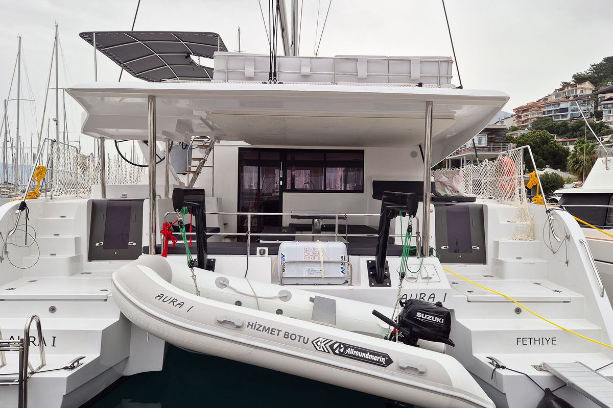 Exterior view of Aura, a Aventura Catamarans Aventura 45 catamaran at Fethiye, Turkey